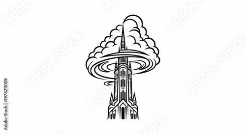 Stylized church spire erupting into a mushroom cloud