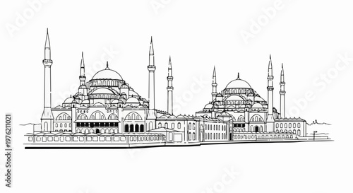 Stylized black and white line drawing of a sprawling mosque complex with domes and minarets