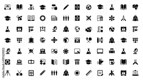 Set of 100 Black Education and Science Glyph Icons Vector