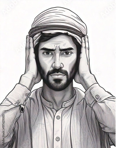 Man covering ears with hands looking serious.