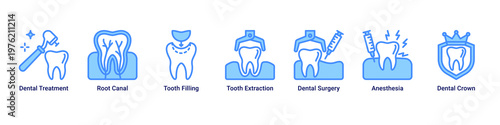 Treatment Plan web banner icon vector illustration with icons of Dental Treatment,Root Canal,Tooth Filling,Tooth Extraction,Dental Surgery,Anesthesia and Dental Crown