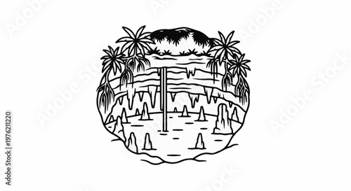 Stylized circular graphic of a cave with stalactites, stalagmites, and dripping water
