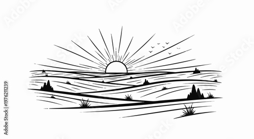 Stylized black and white illustration of a rising sun over rolling hills and sparse vegetation