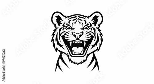 Stylized black and white depiction of a roaring tiger's face and upper body