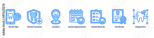 Clinic System web banner icon vector illustration with icons of Dental App,Dental Insurance,Location,Dental Appointment,Dental Records,Certificate and Diagnostics