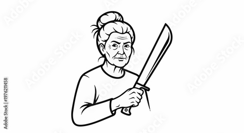 Stern elderly woman with hair in a bun holds a large blade