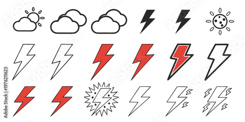 Modern weather icon collection with red lightning bolts and cloud symbols featuring different stroke weights and color accents for emergency storm warnings and weather