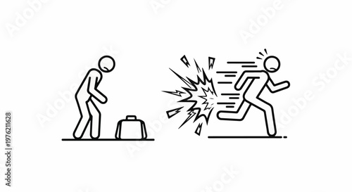 Stick figures depicting a person reacting to an explosion and another fleeing