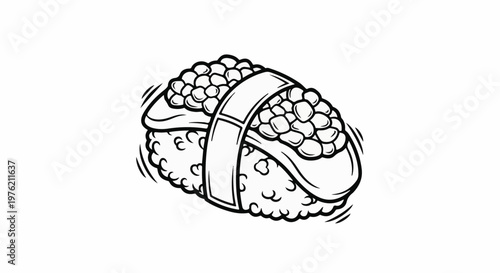 Stylized black and white illustration of a single piece of sushi with roe