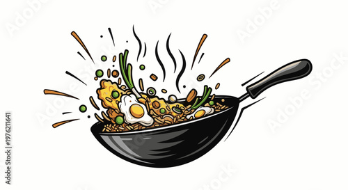 Stir-fried rice dish with eggs and vegetables in a wok