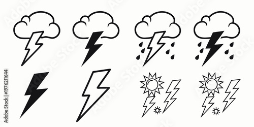 Weather forecast symbol set with storm clouds lightning strikes rain showers sun with thunderbolt icons for meteorology reports and climate graphics forecast lightning