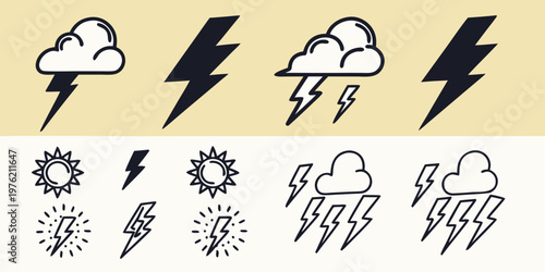Weather icon collection featuring storm clouds with lightning bolts sun symbols electric spark graphics on a split color background for app and interface use lightning
