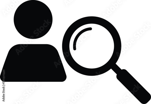 Black silhouette of a person next to a magnifying glass on white background, search research