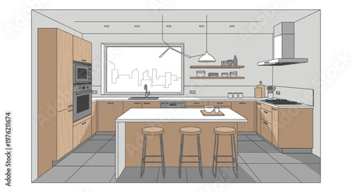 Luxury contemporary apartment kitchen interior features a new wood table, modern cabinets, and a sleek stove inside a bright domestic room with elegant architecture and decor