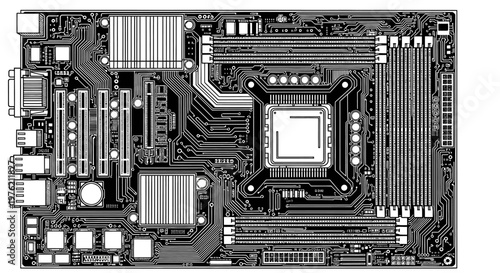 Detailed black and white illustration of a computer motherboard with various components and circuit traces visible, showcasing its intricate design.