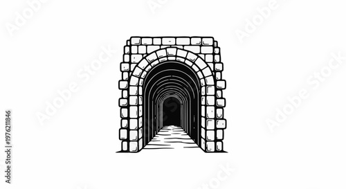 Stone tunnel with multiple arched passages receding into darkness