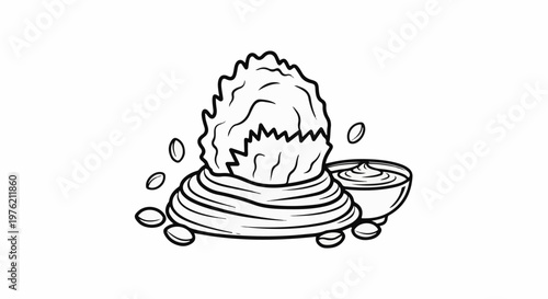 Stylized doodle of shaved ice dessert with dipping sauce and beans