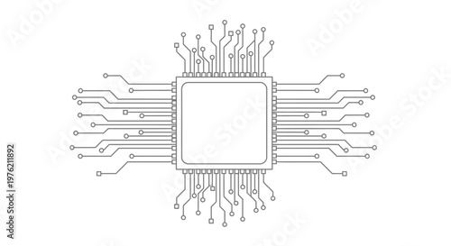 Outline drawing of a central processing unit (CPU) or microchip with radiating circuit board traces on a white background, representing electronic technology.