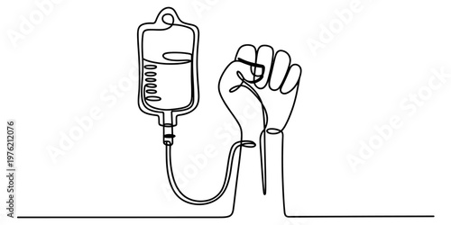 A single continuous line drawing of a clenched human fist connected to a medical iv drip bag Vector, illustration