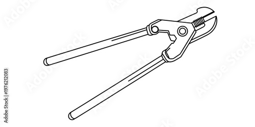 A detailed technical black and white line drawing of a pair of heavy duty industrial iron nippers. Vector, illustration
