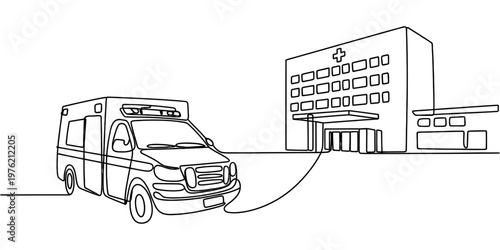 A simple one line drawing of an ambulance parked in front of a modern hospital building entrance Vector, illustration