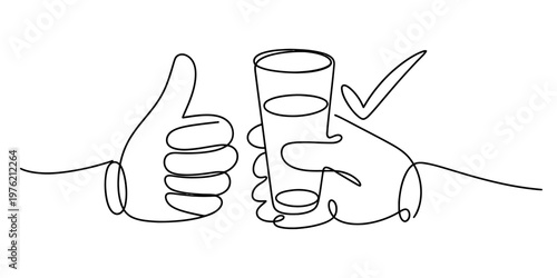 A single continuous line drawing of a hand holding a water glass next to a thumbs up sign symbol Vector, illustration
