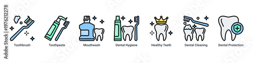 Oral Hygiene web banner icon vector illustration with icons of Toothbrush,Toothpaste,Mouthwash,Dental Hygiene,Healthy Teeth,Dental Cleaning and Dental Protection