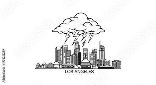 Stylized city skyline under a stormy, lightning-filled cloud