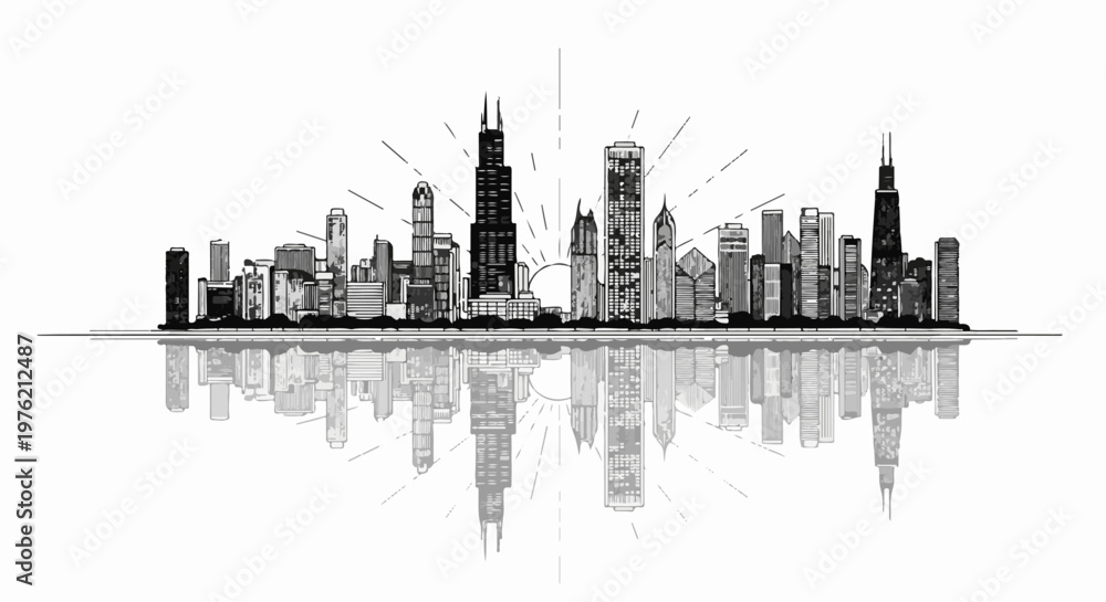 Fototapeta premium Stylized city skyline with a reflected image and radiating lines