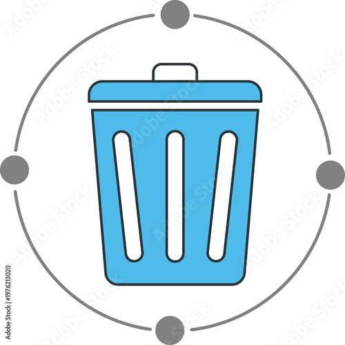 Blue trash can with orbiting grey dots and circles on white background, garbage waste symbol