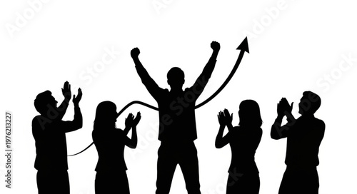 Victorious person silhouette with arms raised celebrating.