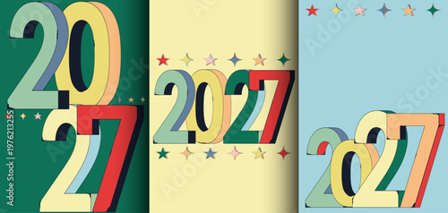 New Year 2027 greeting card, flyer, posters design template calendar set. Layout Holidays, presentation, brochure, banner, background
