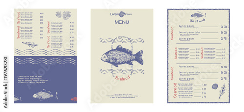 Seafood restaurant menu template with fish illustration, nautical wave patterns, and minimalist layout. Vector ocean sea fish restaurant card background front and back sheet design