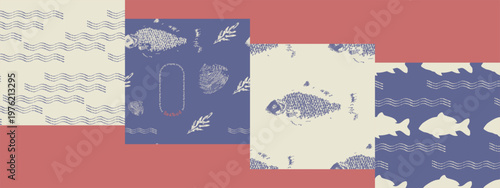 Fish Seafood seamless pattern set, prawns and shells. Nautical vector backgrounds for textile, wallpaper and packaging, seafood menu template, restaurant card, background, front.