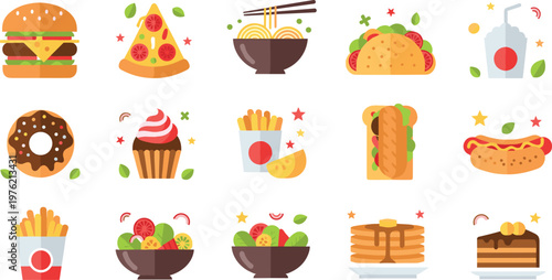 Fast Food Set with Burgers, Pizza, Noodles, Tacos, Hot Dogs, Fries, Donuts, Cupcakes, and Pancakes for Restaurants, Snacks, and Food Illustrations