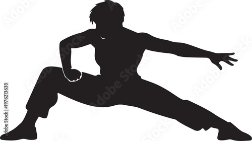 Silhouette of a Martial Artist in a Powerful Kung Fu Stance Isolated on White Background