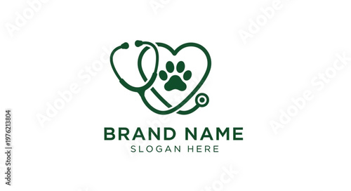 Veterinary logo featuring a stethoscope forming a heart shape with a paw print inside, symbolizing pet care and health.