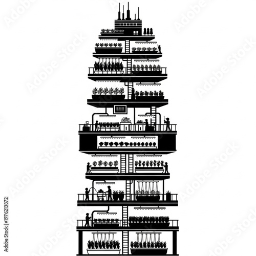 Vertical Farming Tower - A Sustainable Agricultural System Illustration.