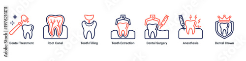 Treatment Plan web banner icon vector illustration with icons of Dental Treatment,Root Canal,Tooth Filling,Tooth Extraction,Dental Surgery,Anesthesia and Dental Crown