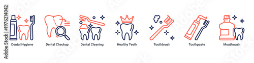 Preventive Care web banner icon vector illustration with icons of Dental Hygiene,Dental Checkup,Dental Cleaning,Healthy Teeth,Toothbrush,Toothpaste and Mouthwash