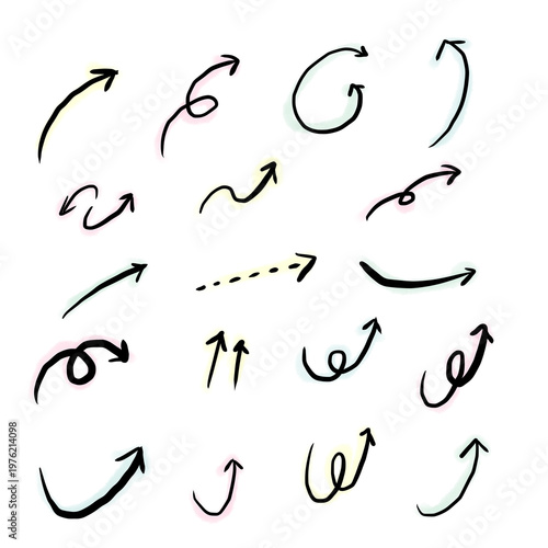 手書き風の矢印セット18種類　背景透過、パステルカラー