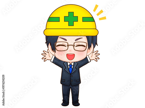 ヘルメット姿の建設会社の社員のちびキャライラスト素材3