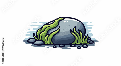 Stylized illustration of a large gray rock with green seaweed and small pebbles