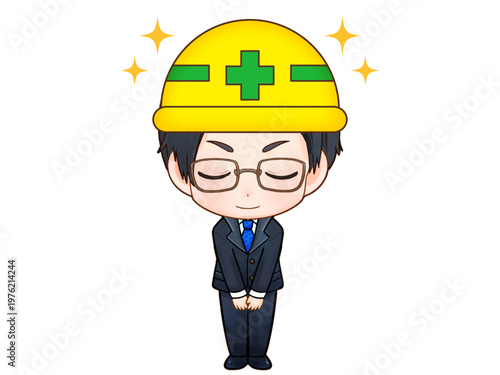 お辞儀するヘルメット姿の建設会社の社員のちびキャライラスト素材3