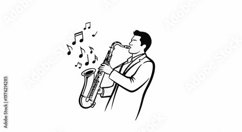 Stylized illustration of a man in a suit playing a saxophone with musical notes