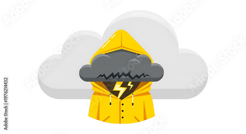 A vector graphic illustration of a yellow raincoat with a storm cloud and lightning bolt symbolizing unpredictable weather conditions