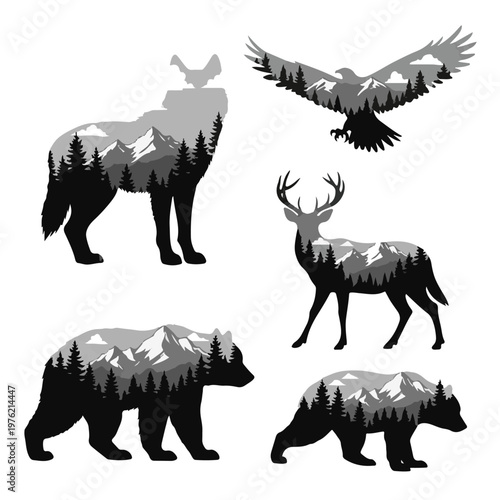 Double Exposure Wildlife Silhouettes with Mountain Forest Landscape