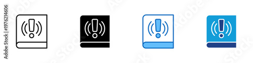 Manual Alert Multiple Style Icon Design Vector - Book with exclamation mark and signal waves representing instruction warning, guideline update, and documentation notice