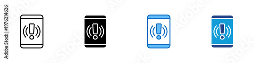 Mobile Alert Multiple Style Icon Design Vector - Smartphone with exclamation mark and signal waves representing push notification, urgent alert, and mobile warning system