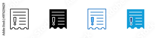 Receipt Alert Multiple Style Icon Design Vector - Receipt with exclamation mark representing billing issue, transaction warning, and payment discrepancy